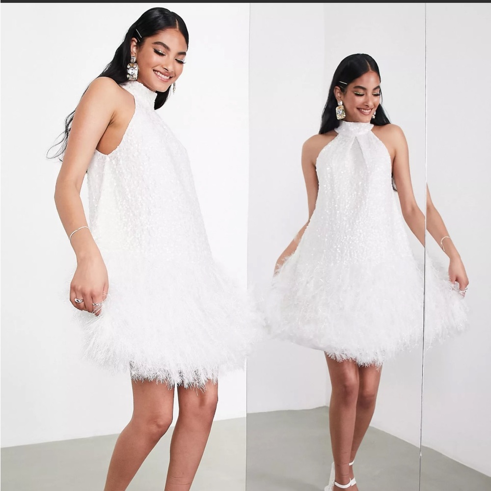 ASOS EDITION sequin halter mini dress with feather hem in ivory